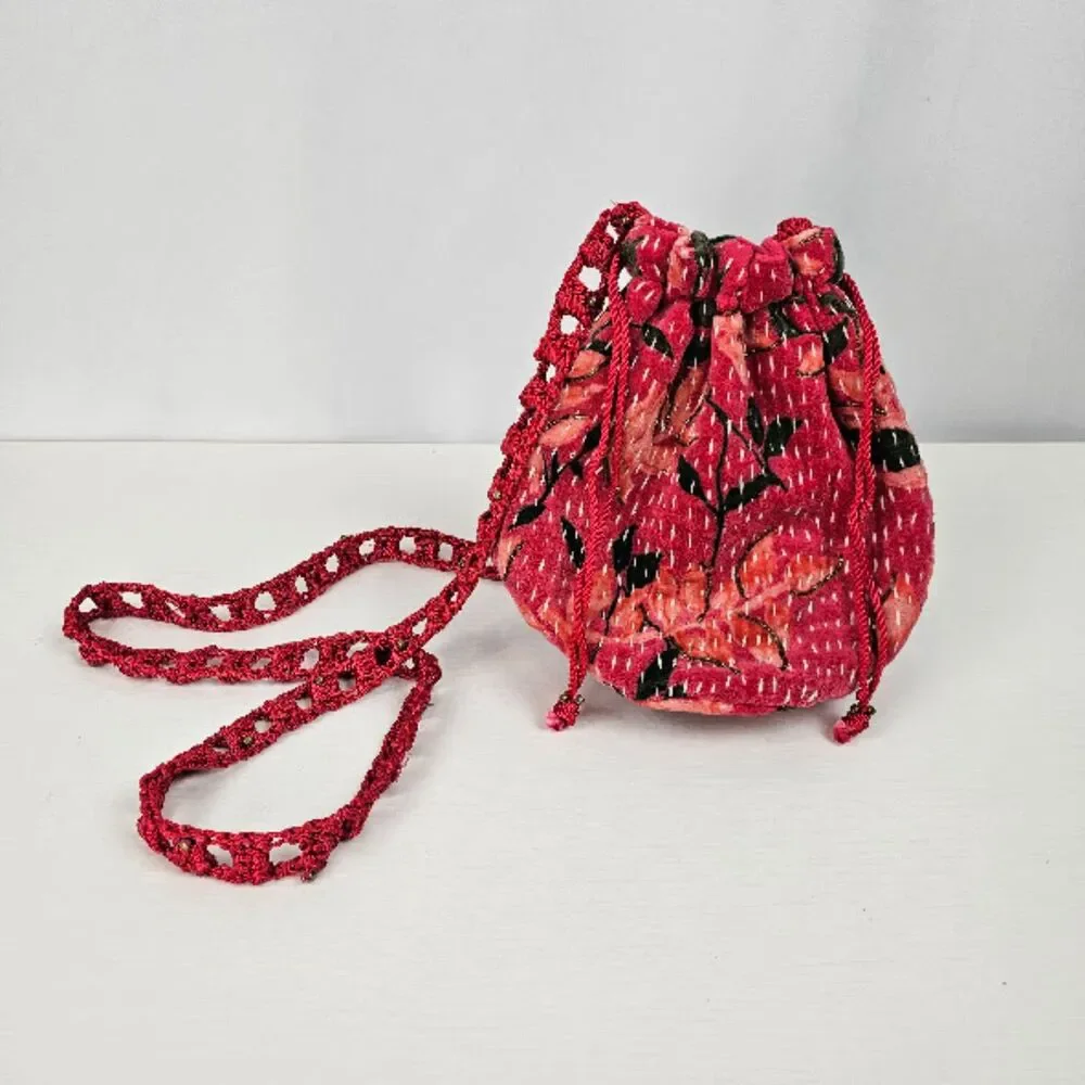 Free People Women's Pink Velvet Moon Crossbody Drawstring Bucket Bag